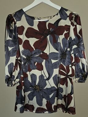 Doe and Rae Cream Long-Sleeve Floral Dress with Blue and Brown Blooms Boutique
